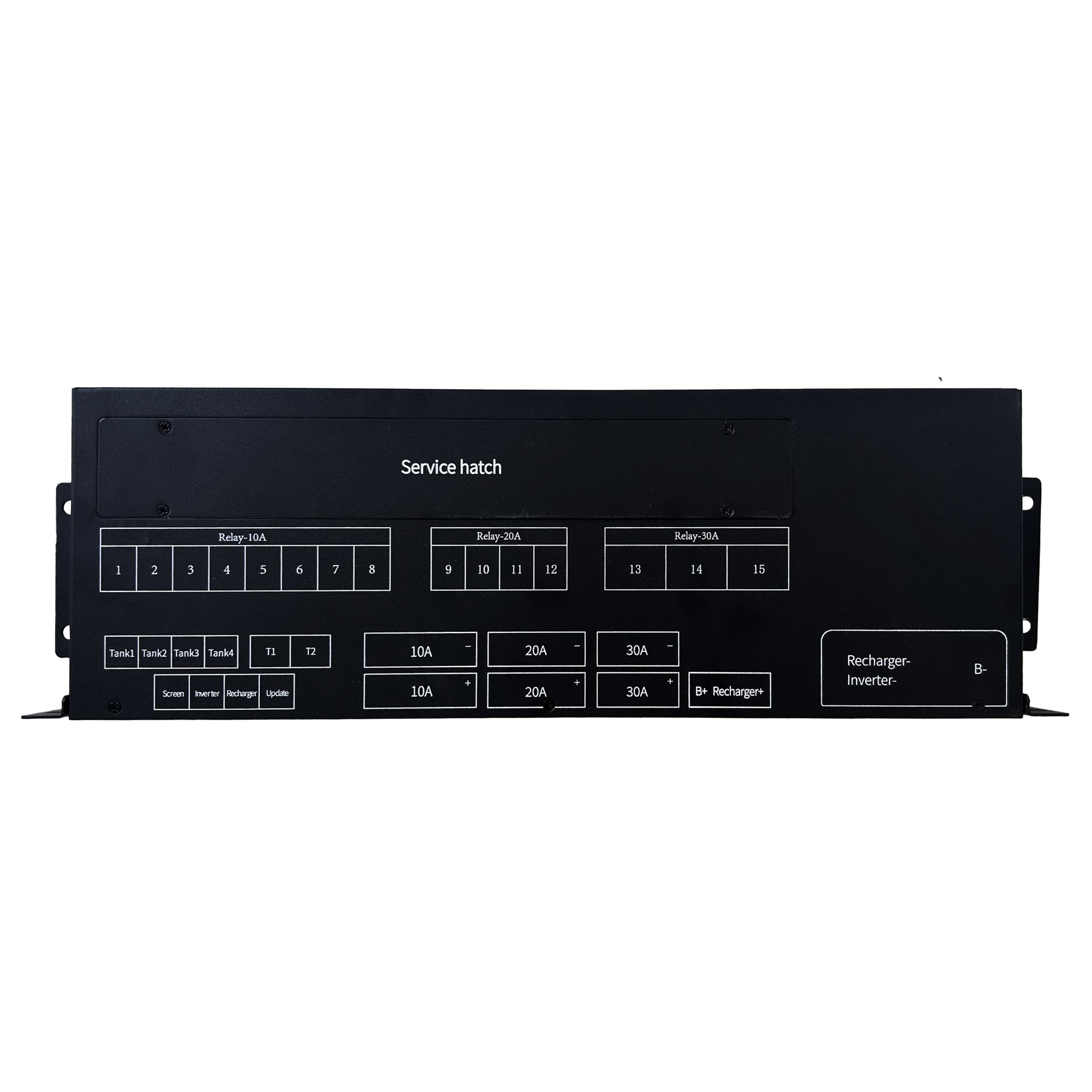 Smart PDU 主机实拍：19 寸机架外壳，Service hatch 检修口、15 路负载接插件（Relay 10A×8 / 20A×4 / 30A×3）、Tank1-4 水位、T1/T2 温度与 B+ / Re charger+ 主回路端子
